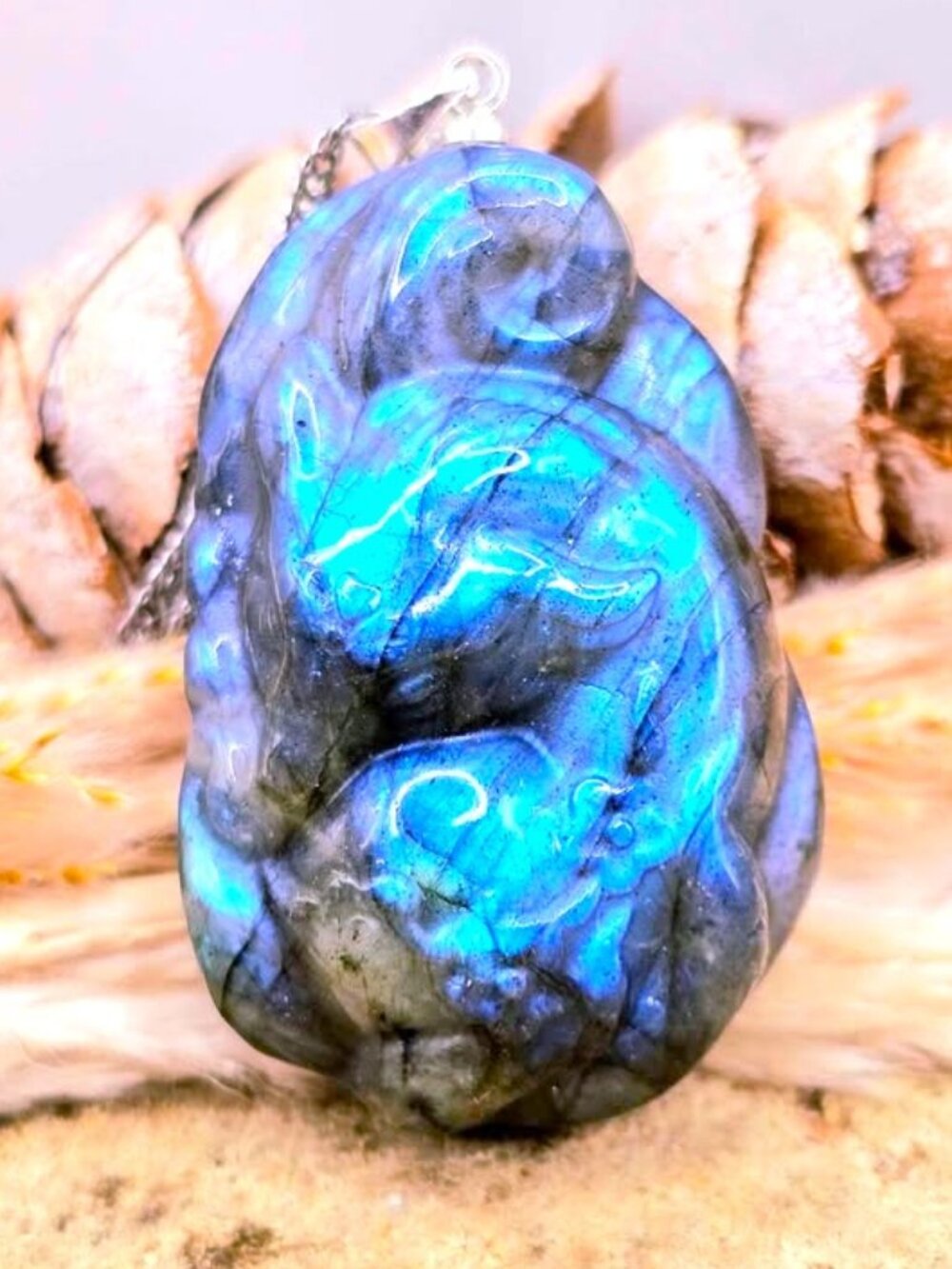 Flashy Labradorite Sleeping Nine‑Tailed Fox Pendant • 1.5" Carved Necklace